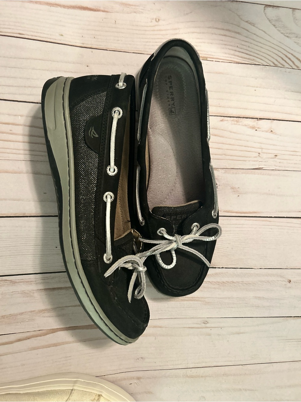 Sperry Black Leather Moccasin Flats with White Laces - Picture 4 of 5